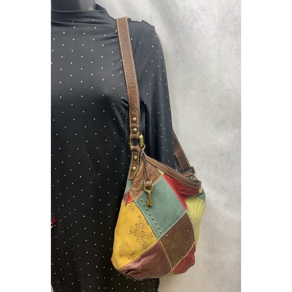 Fossil Multicolor Patches Suede w/ Tooled Floral Crossbody Bag Slingback - Picture 9 of 13